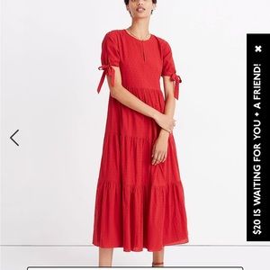 Madewell Tie-Sleeve Tiered Midi Dress in Swiss Dot - Size M